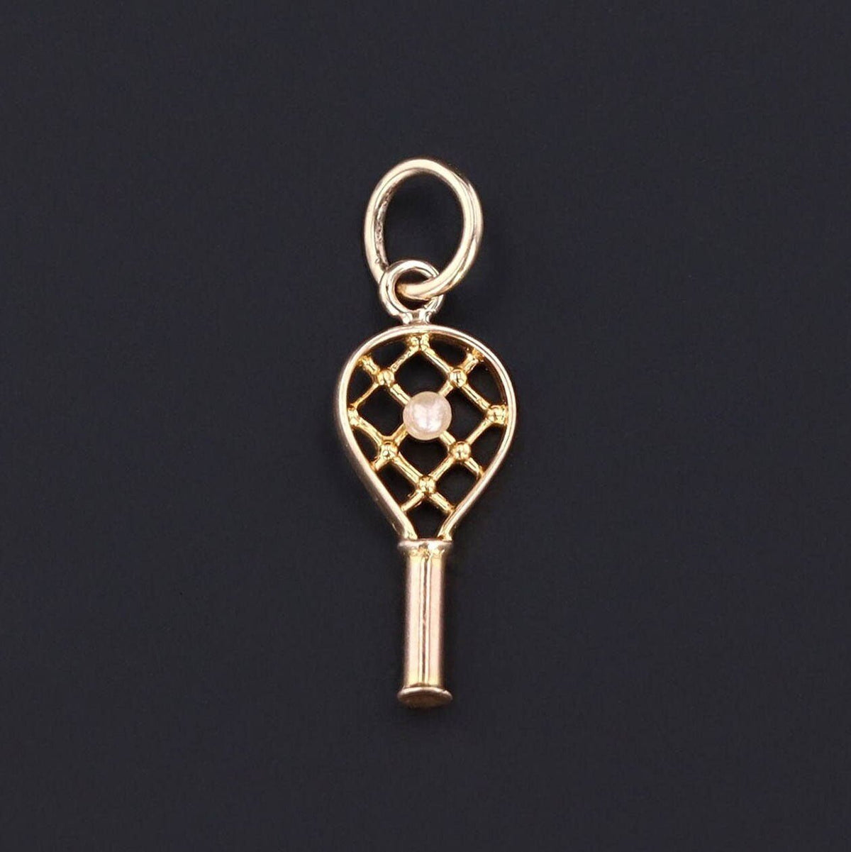 Tennis Racket Charm | 10k Gold Tennis Racket with Pearl - Trademark Antiques