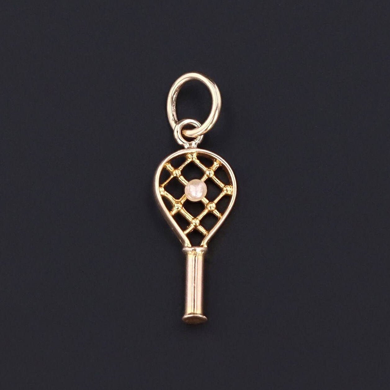 Tennis Racket Charm | 10k Gold Tennis Racket with Pearl - Trademark Antiques