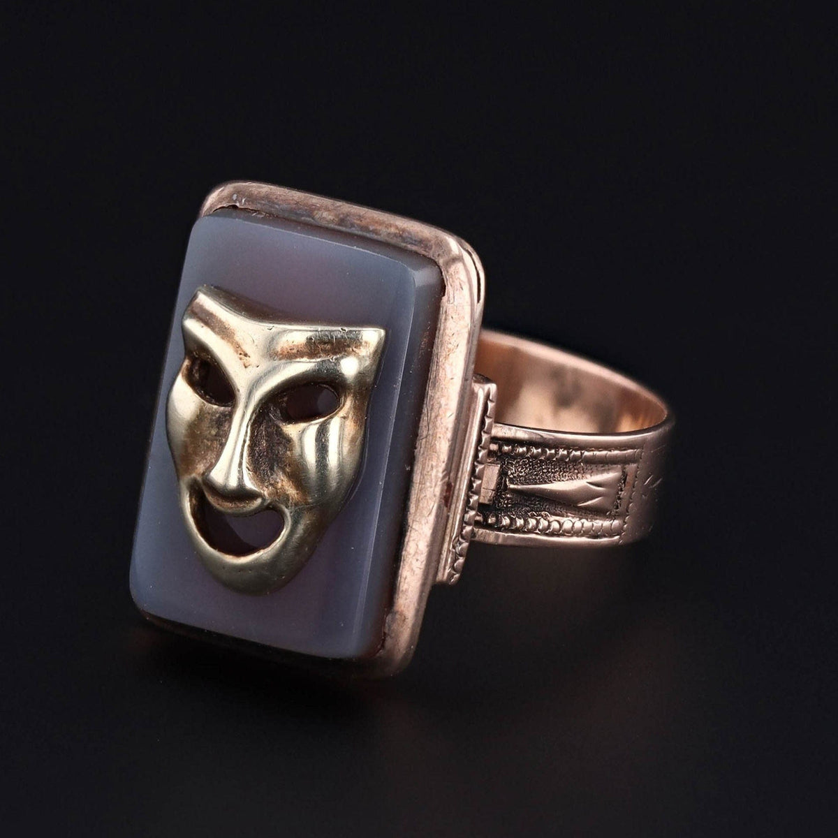 Theatre Mask Ring | 14k Gold &amp; Agate Ring - Trademark Antiques