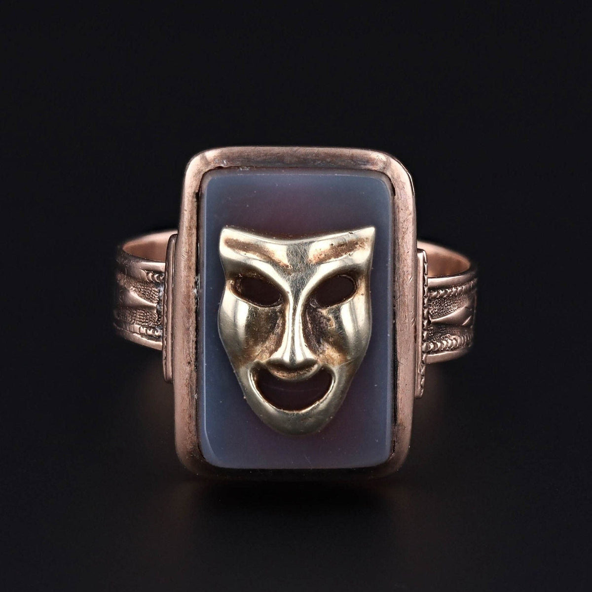 Theatre Mask Ring | 14k Gold &amp; Agate Ring - Trademark Antiques