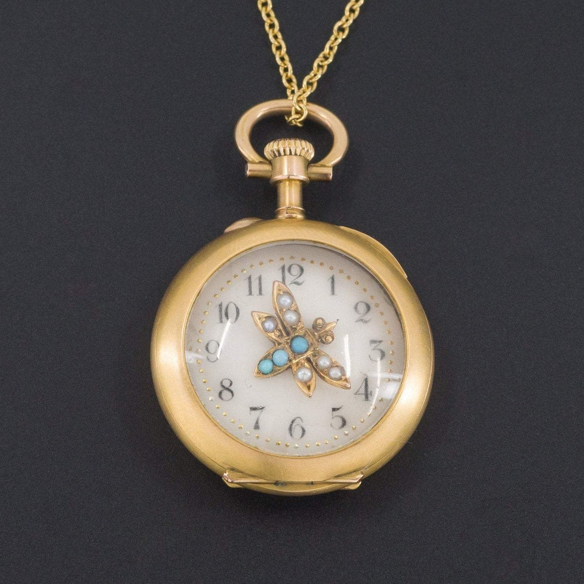 Time Flies Pendant | Antique Pocket Watch Locket With Pearl &amp; Turquoise Insect - Trademark Antiques