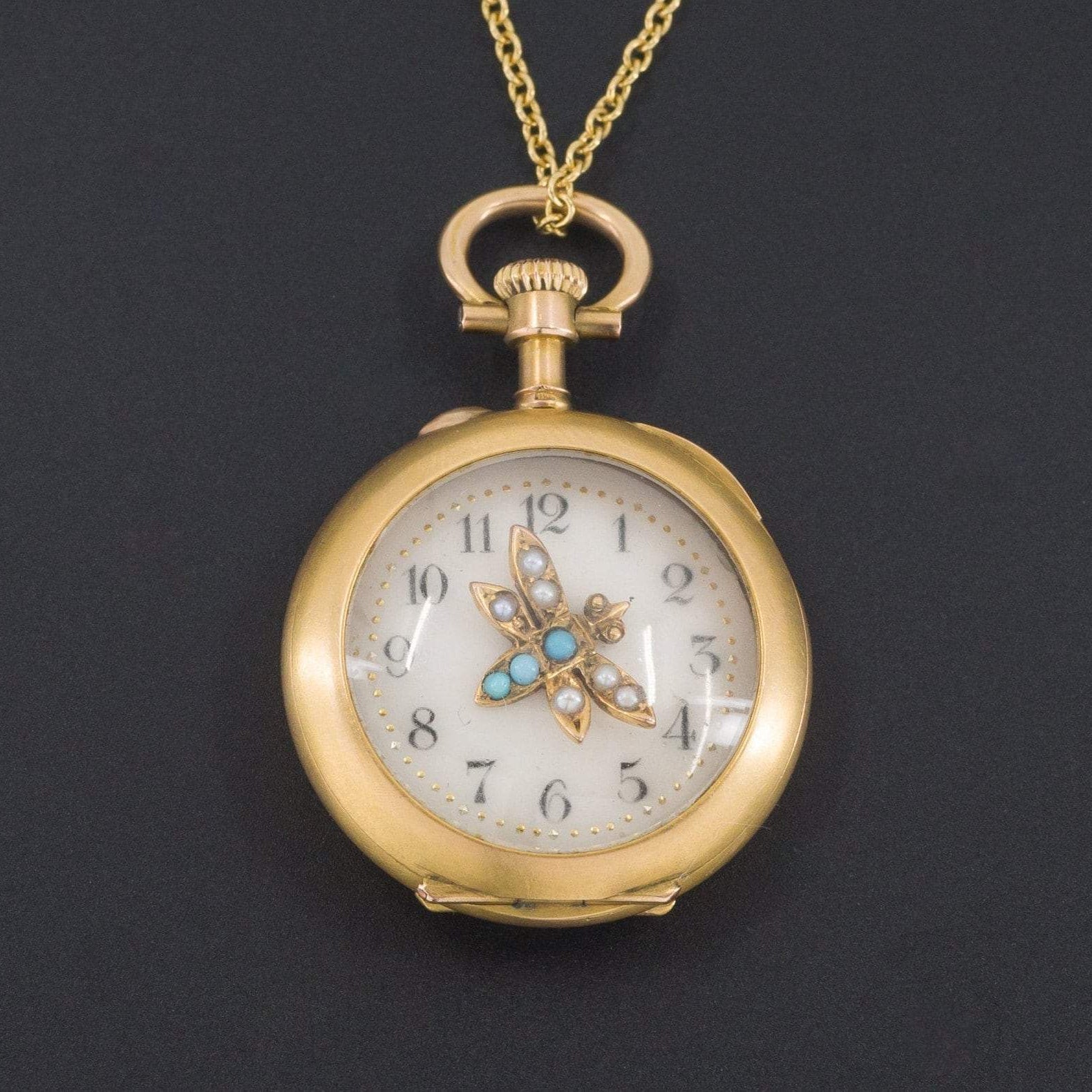 Time Flies Pendant | Antique Pocket Watch Locket With Pearl & Turquoise Insect - Trademark Antiques