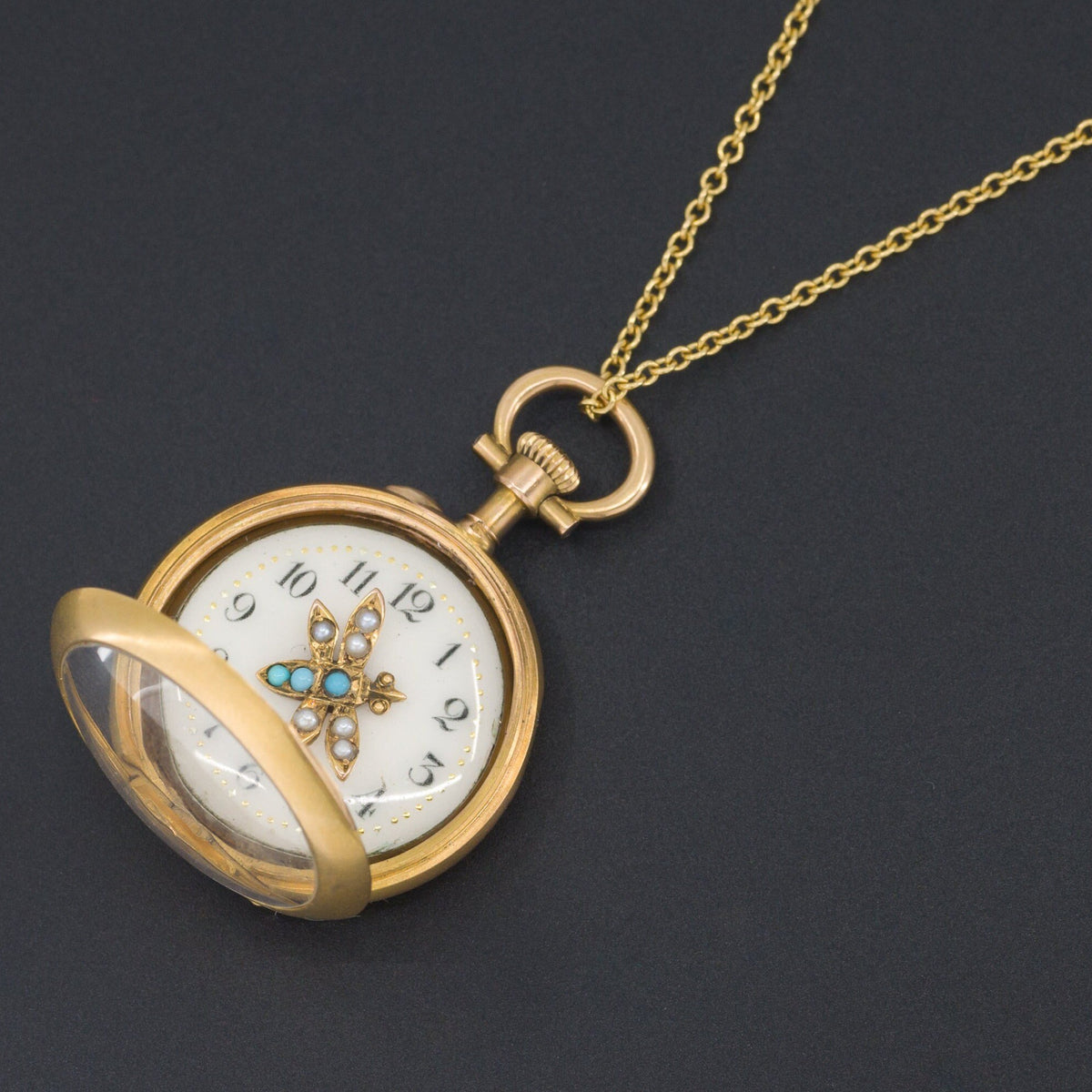 Time Flies Pendant | Antique Pocket Watch Locket With Pearl &amp; Turquoise Insect - Trademark Antiques