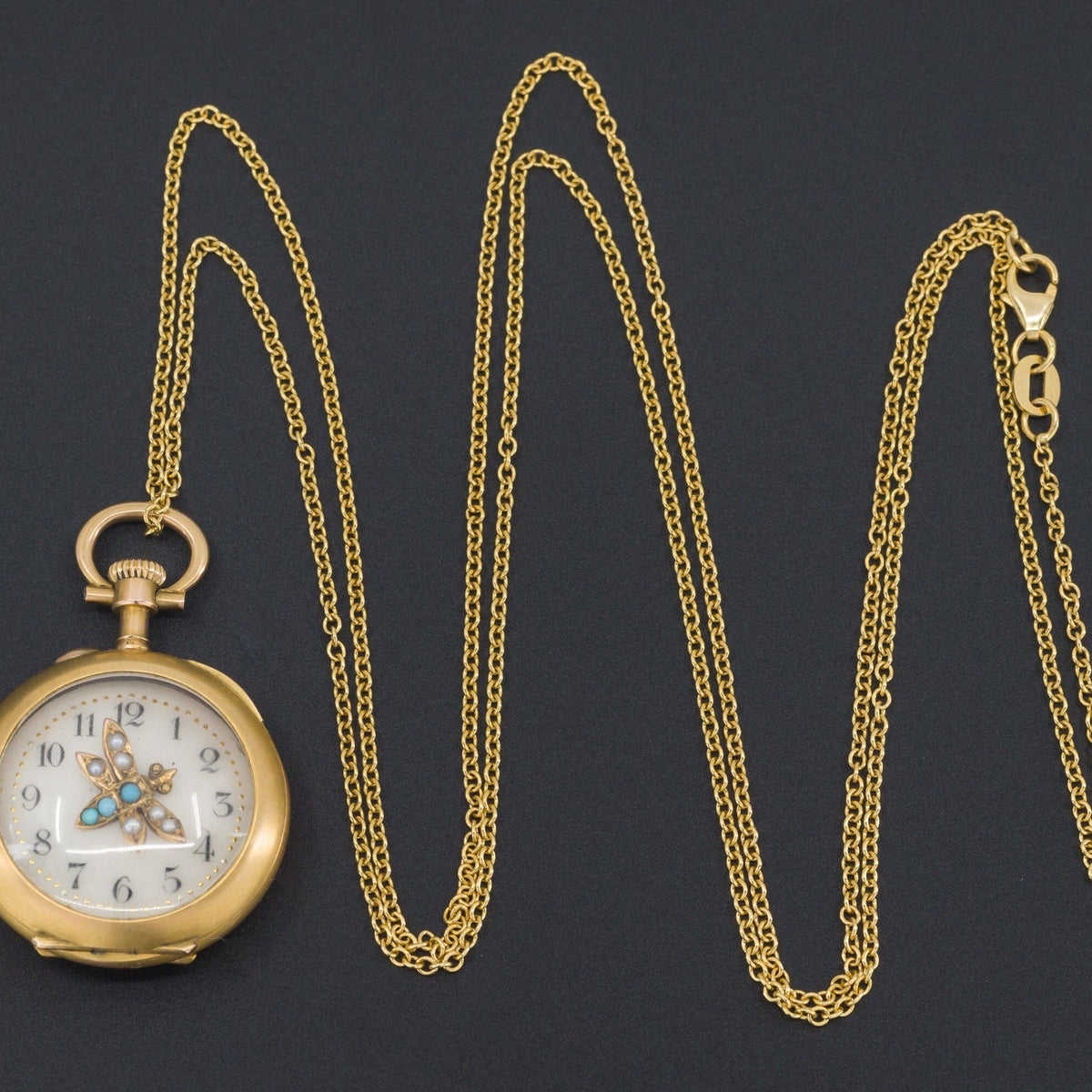 Time Flies Pendant | Antique Pocket Watch Locket With Pearl &amp; Turquoise Insect - Trademark Antiques