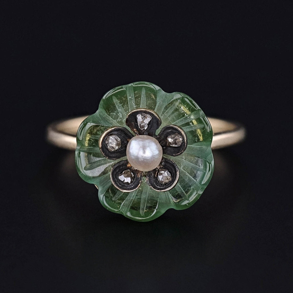 Tourmaline Diamond &amp; Pearl Flower Ring of 14k Gold - Trademark Antiques