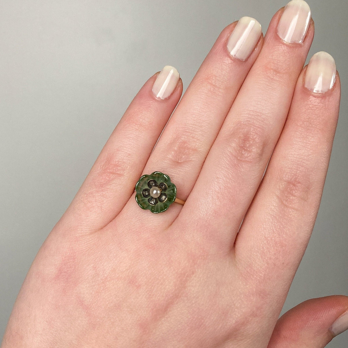 Tourmaline Diamond &amp; Pearl Flower Ring of 14k Gold - Trademark Antiques
