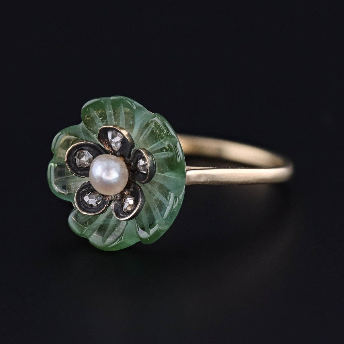 Tourmaline Diamond &amp; Pearl Flower Ring of 14k Gold - Trademark Antiques