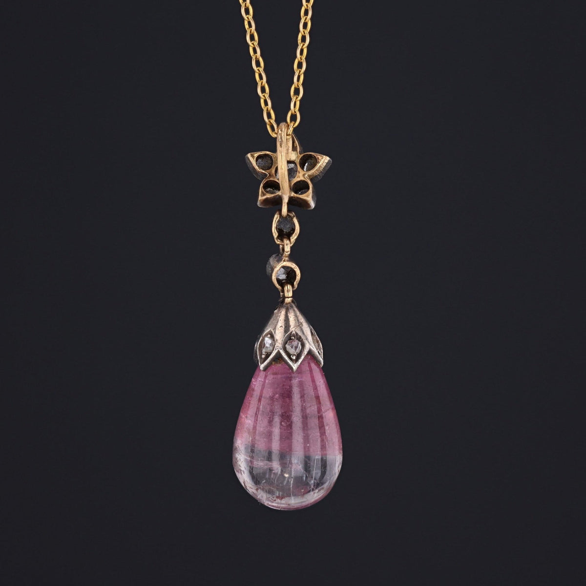 Tourmaline &amp; Diamond Pendant | 14k Gold and Silver Pendant with Optional 9ct Chain - Trademark Antiques