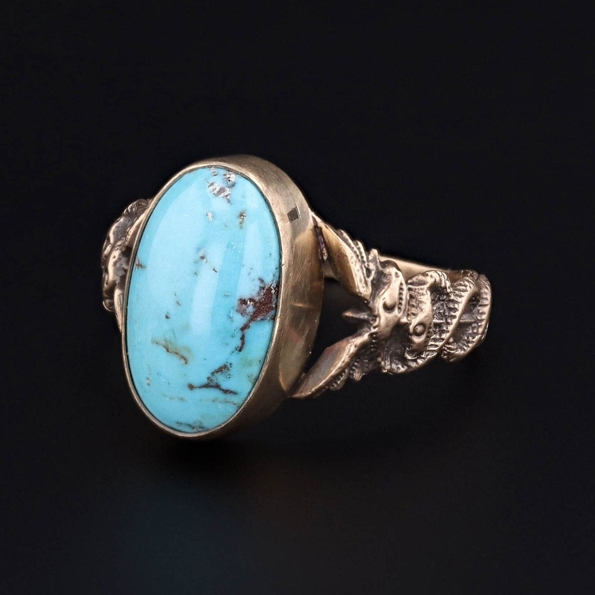 Turquoise Caduceus Ring of 14k Gold Antique Reproduction - Trademark Antiques