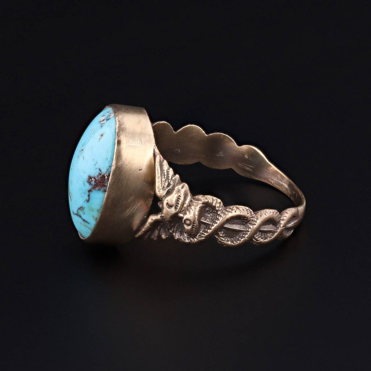 Turquoise Caduceus Ring of 14k Gold Antique Reproduction - Trademark Antiques