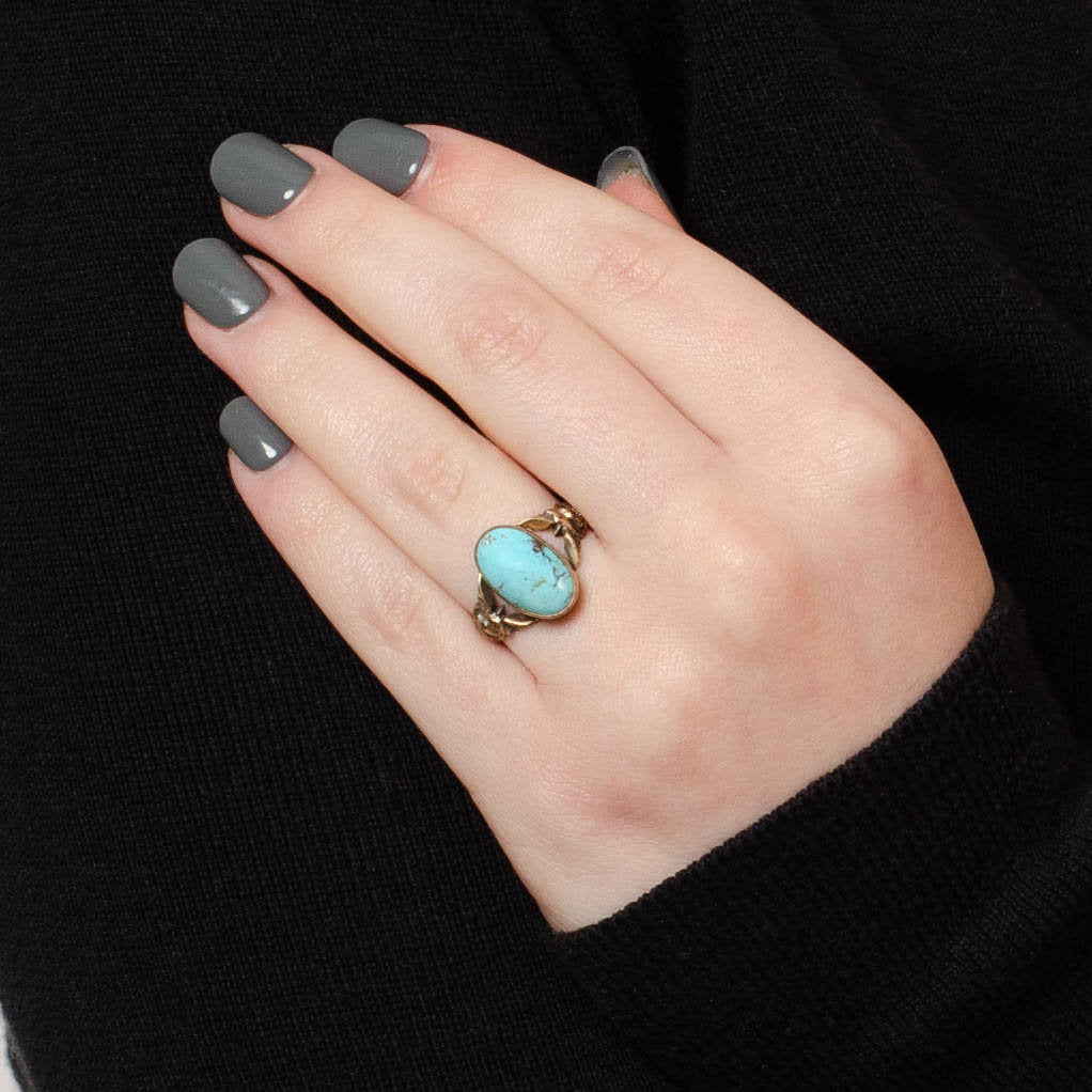 Turquoise Caduceus Ring of 14k Gold Antique Reproduction - Trademark Antiques