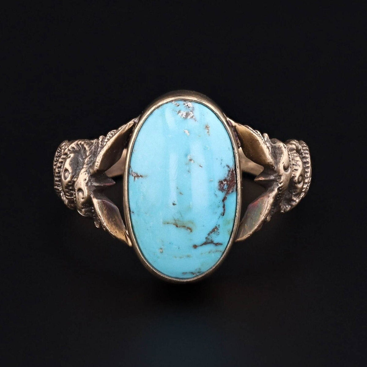 Turquoise Caduceus Ring of 14k Gold Antique Reproduction - Trademark Antiques