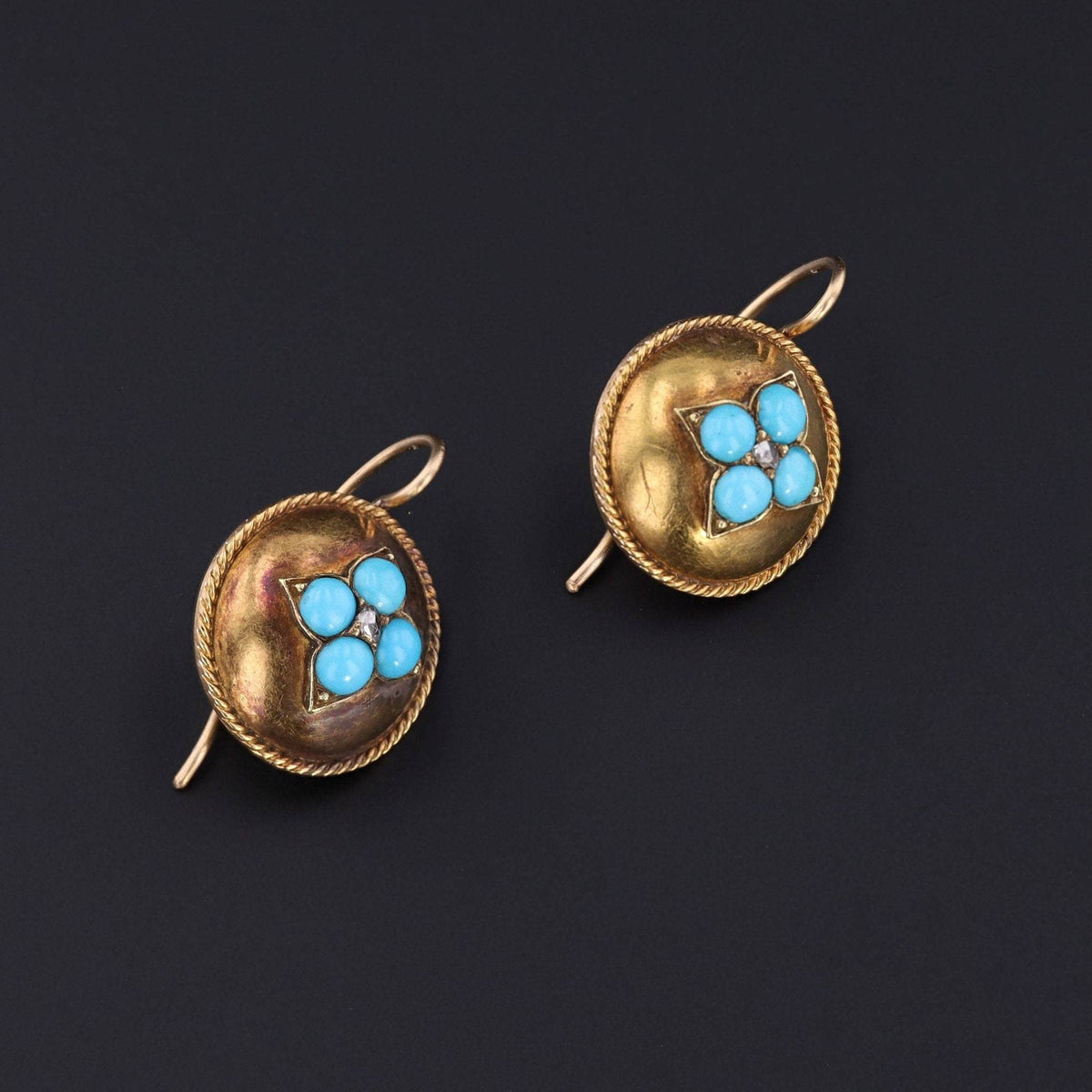 Turquoise &amp; Diamond Flower Earrings | 14k Gold Earrings - Trademark Antiques