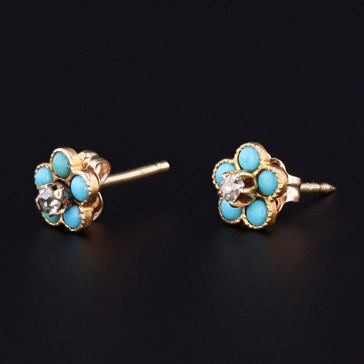Turquoise &amp; Diamond Flower Earrings | 14k Gold Earrings - Trademark Antiques