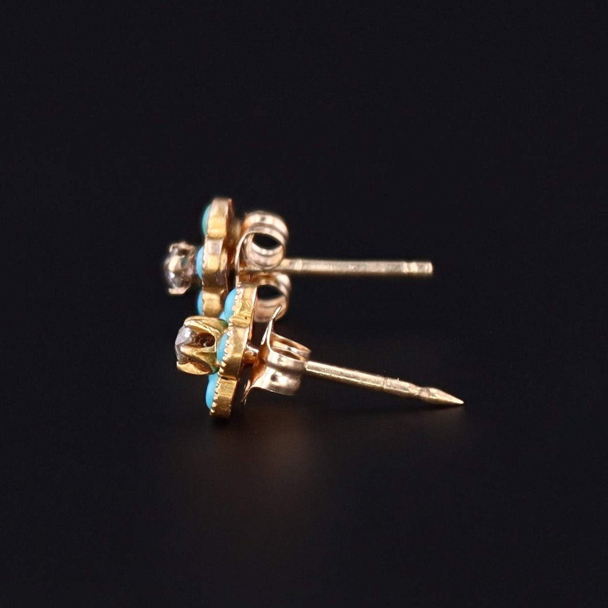 Turquoise &amp; Diamond Flower Earrings | 14k Gold Earrings - Trademark Antiques