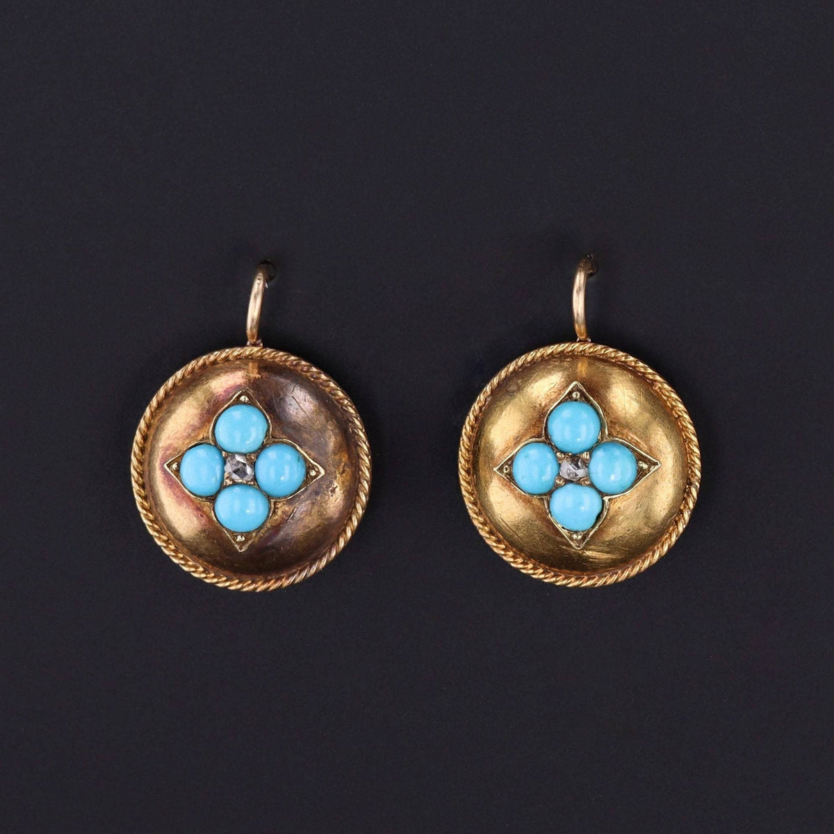 Turquoise &amp; Diamond Flower Earrings | 14k Gold Earrings - Trademark Antiques