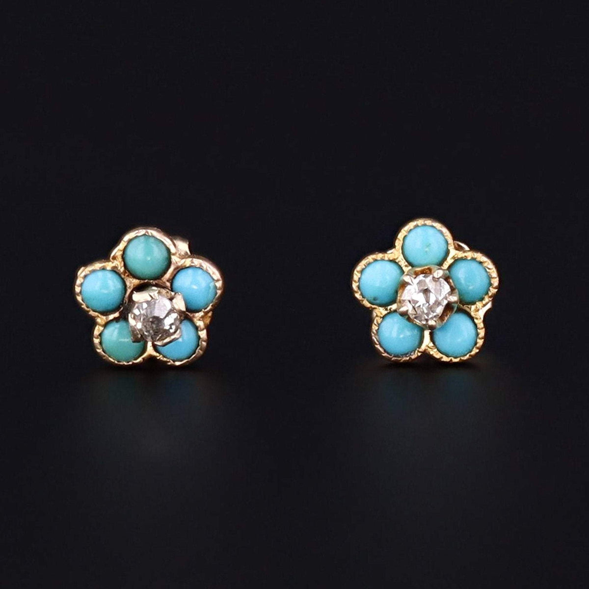 Turquoise &amp; Diamond Flower Earrings | 14k Gold Earrings - Trademark Antiques