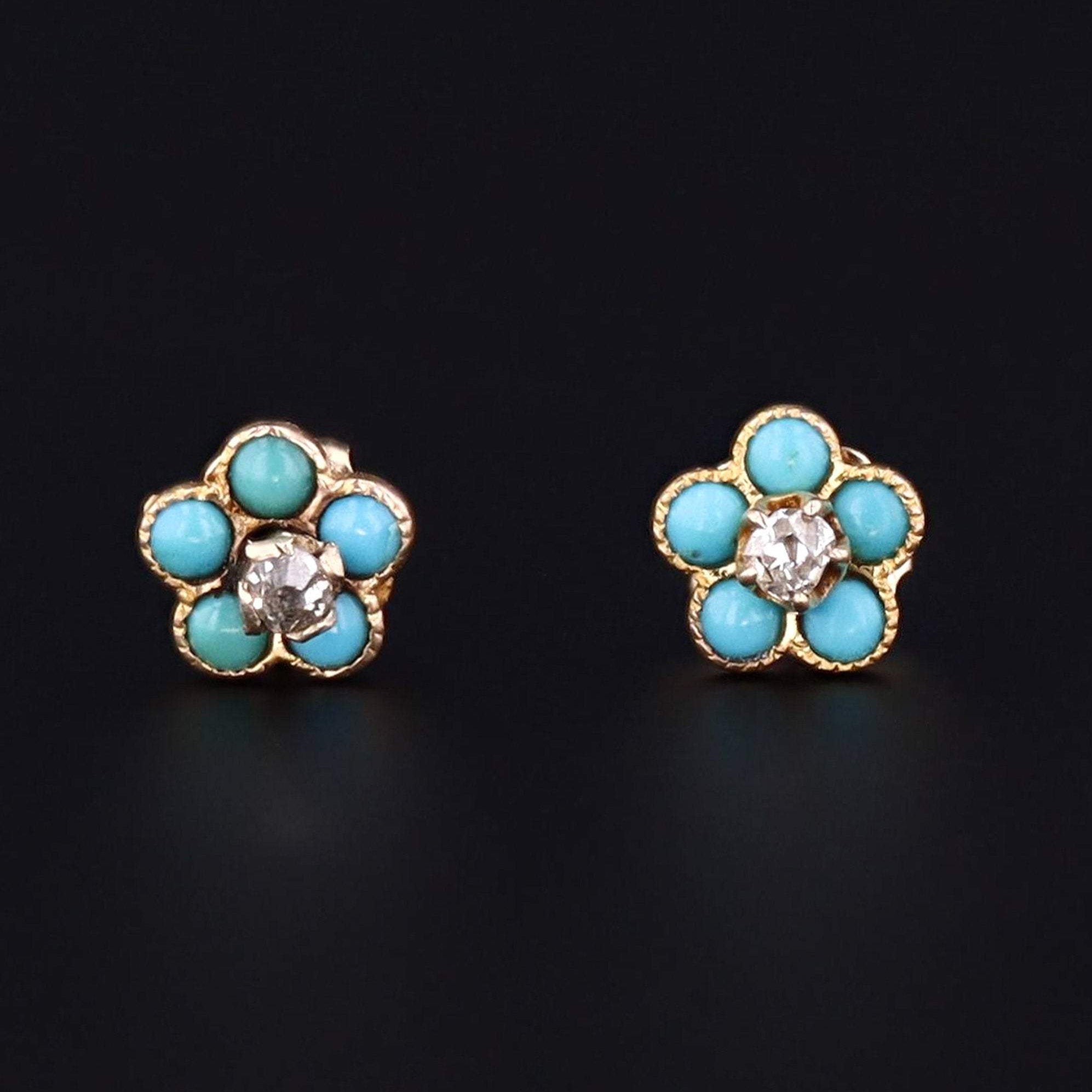 Turquoise & Diamond Flower Earrings | 14k Gold Earrings - Trademark Antiques