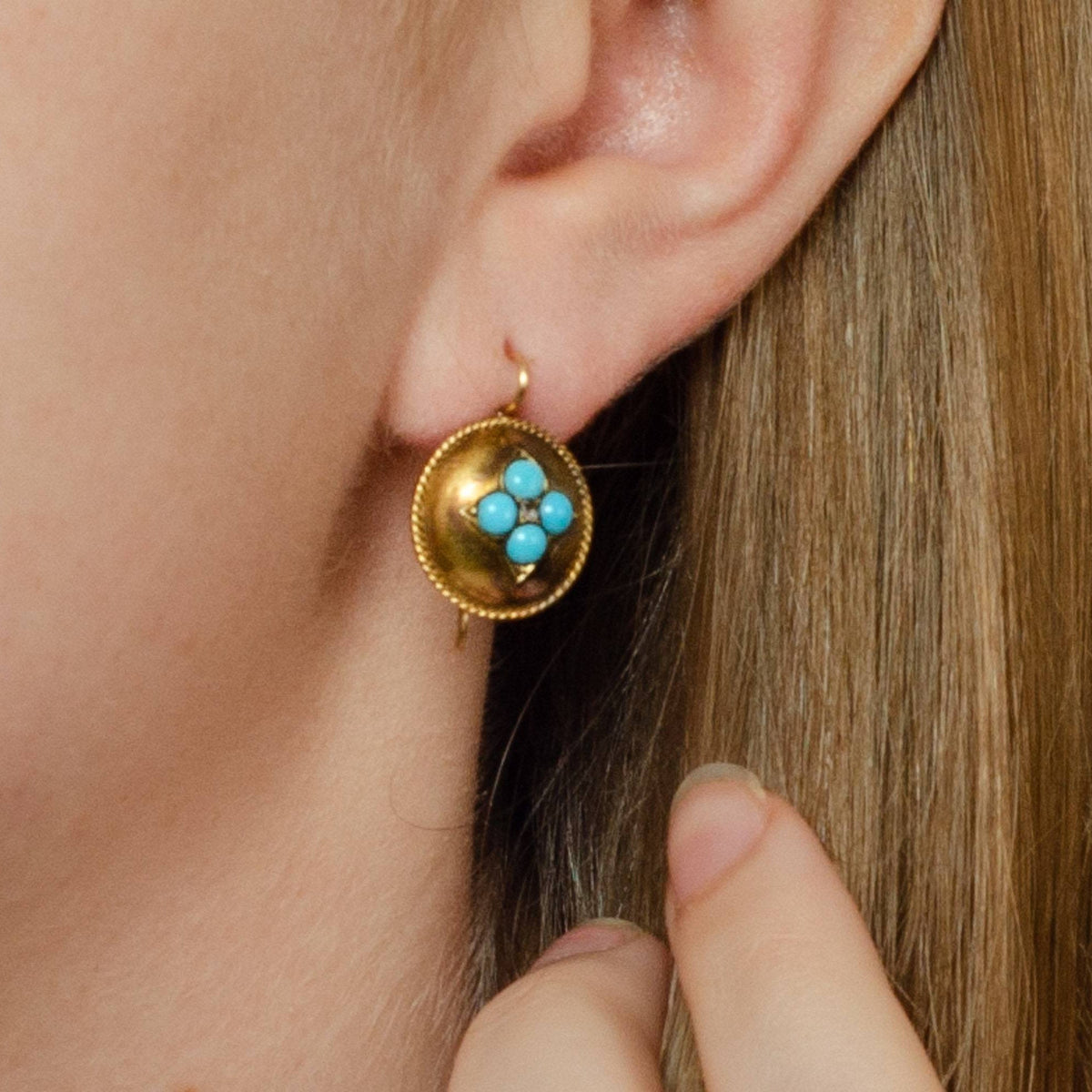 Turquoise &amp; Diamond Flower Earrings | 14k Gold Earrings - Trademark Antiques