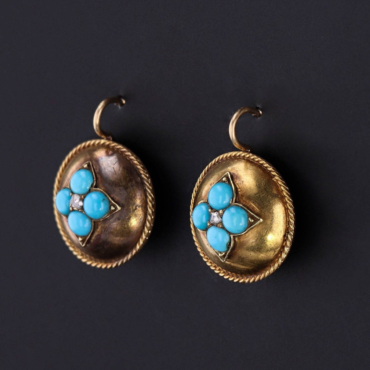 Turquoise &amp; Diamond Flower Earrings | 14k Gold Earrings - Trademark Antiques