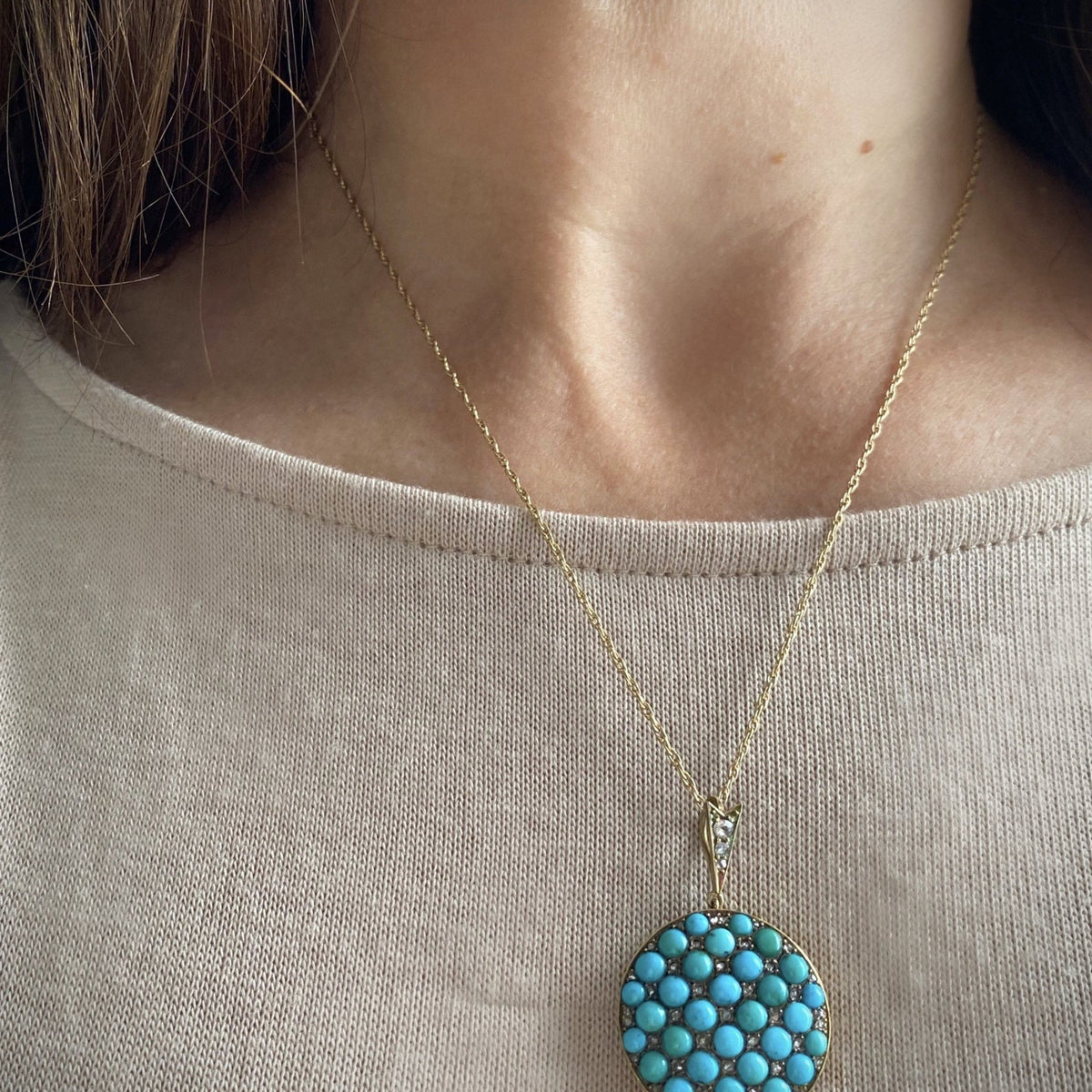 Turquoise &amp; Diamond Pendant | Antique Turquoise Pendant - Trademark Antiques