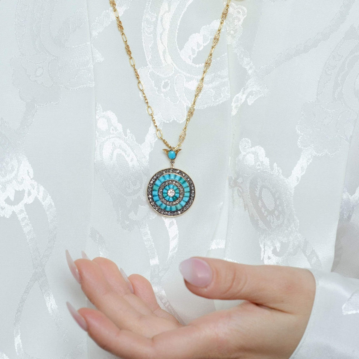 Turquoise &amp; Diamond Pendant | Antique Turquoise Pendant - Trademark Antiques
