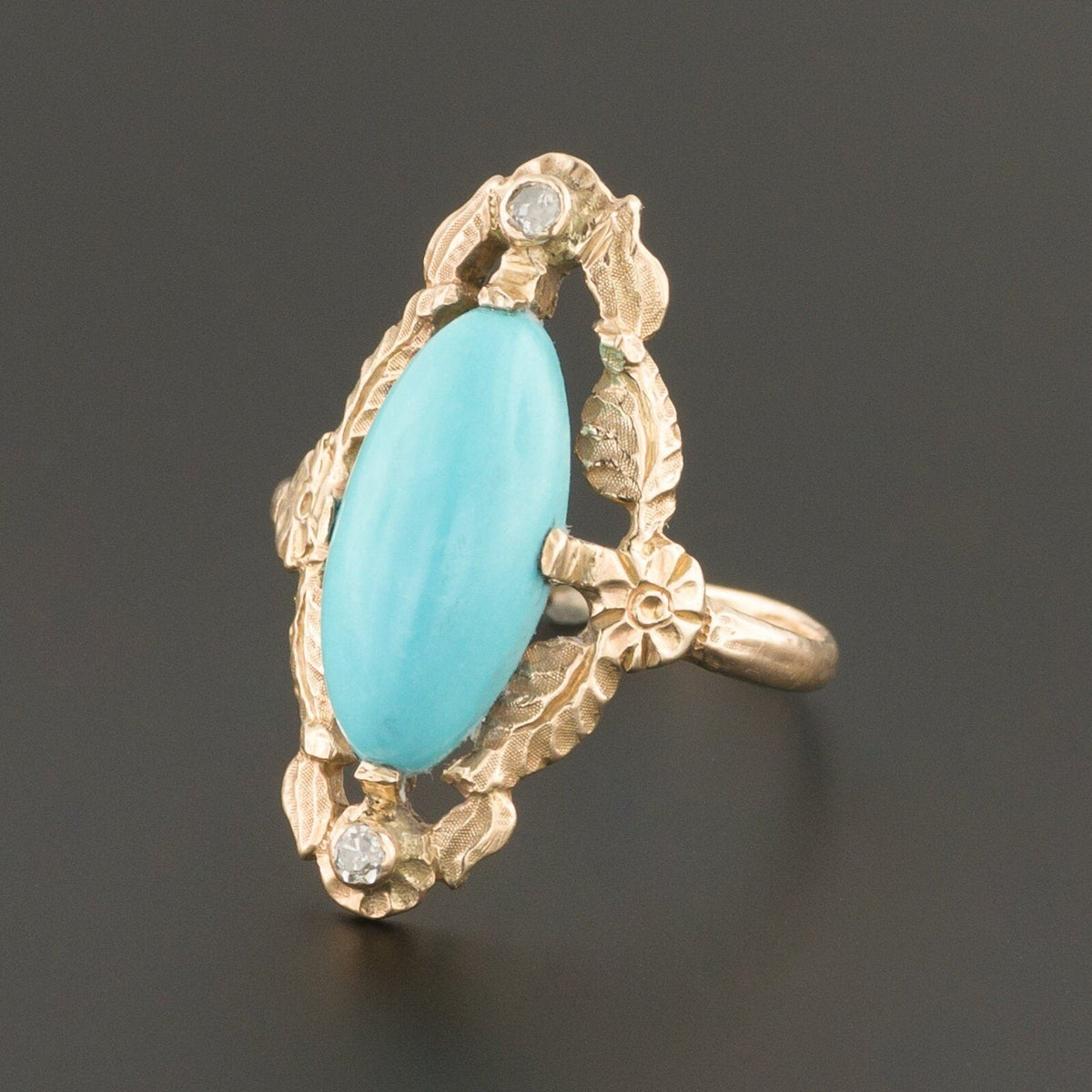 Turquoise &amp; Diamond Ring | 10k Gold Turquoise Ring - Trademark Antiques
