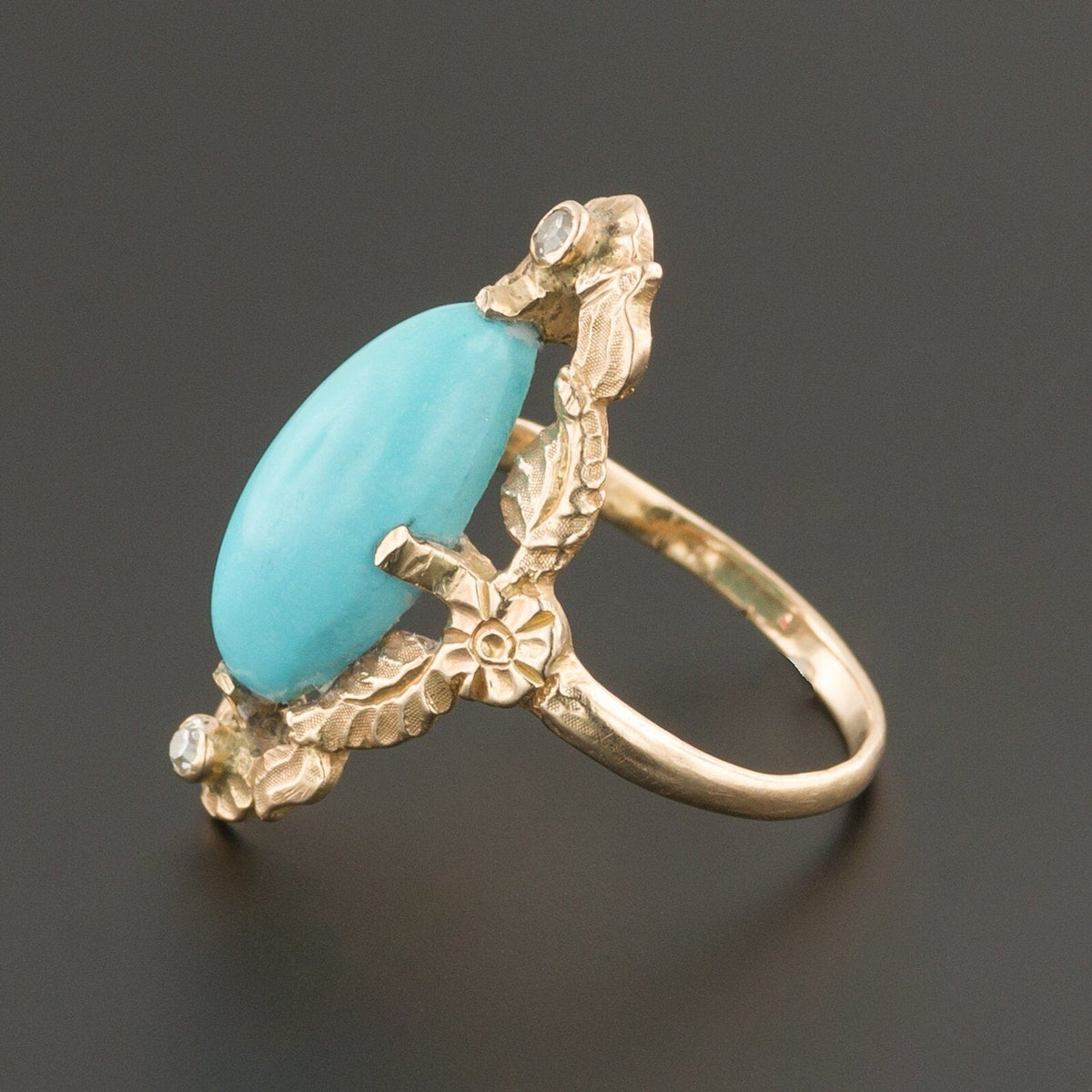 Turquoise &amp; Diamond Ring | 10k Gold Turquoise Ring - Trademark Antiques