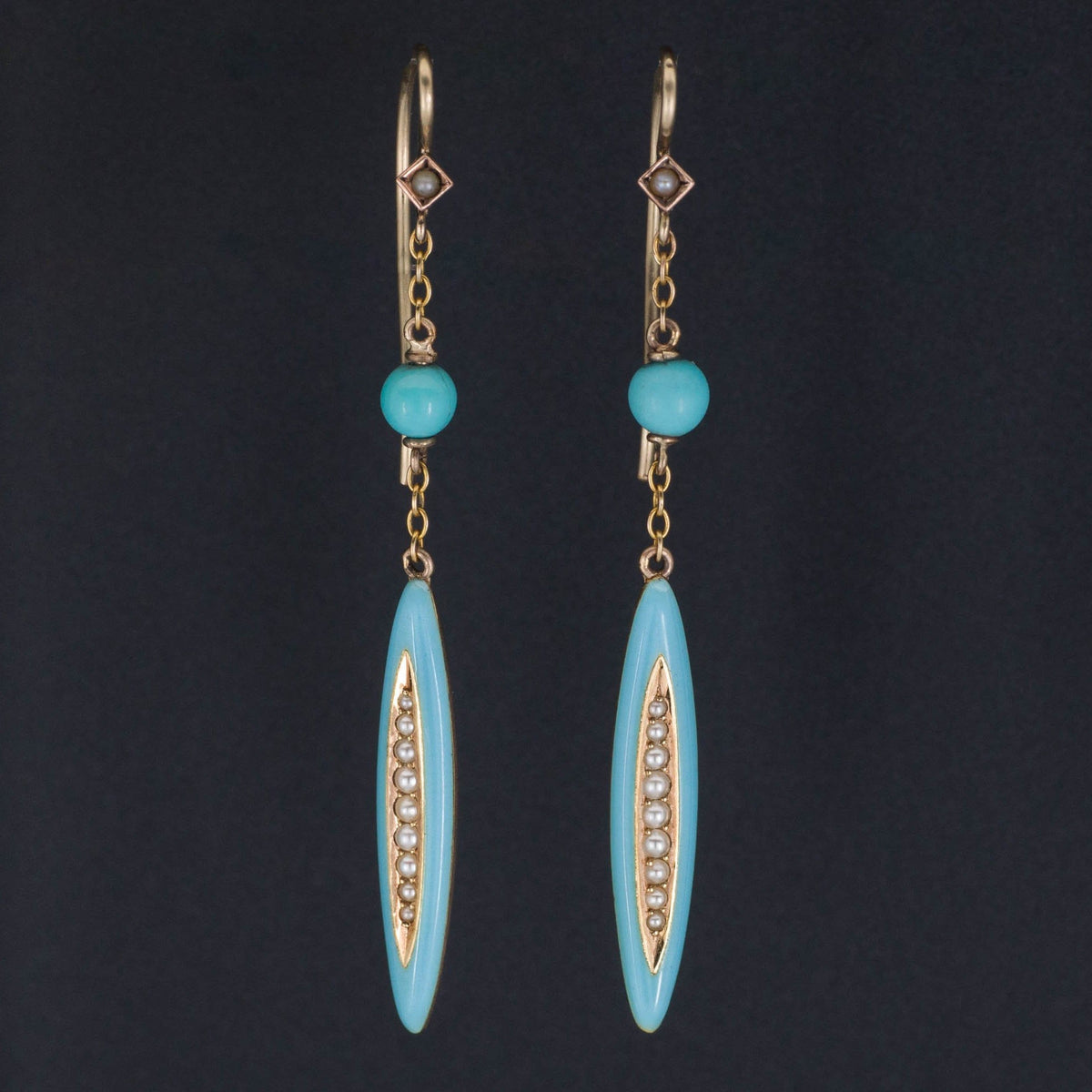 Turquoise Enamel &amp; Pearl Earrings | 14k Gold Earrings - Trademark Antiques
