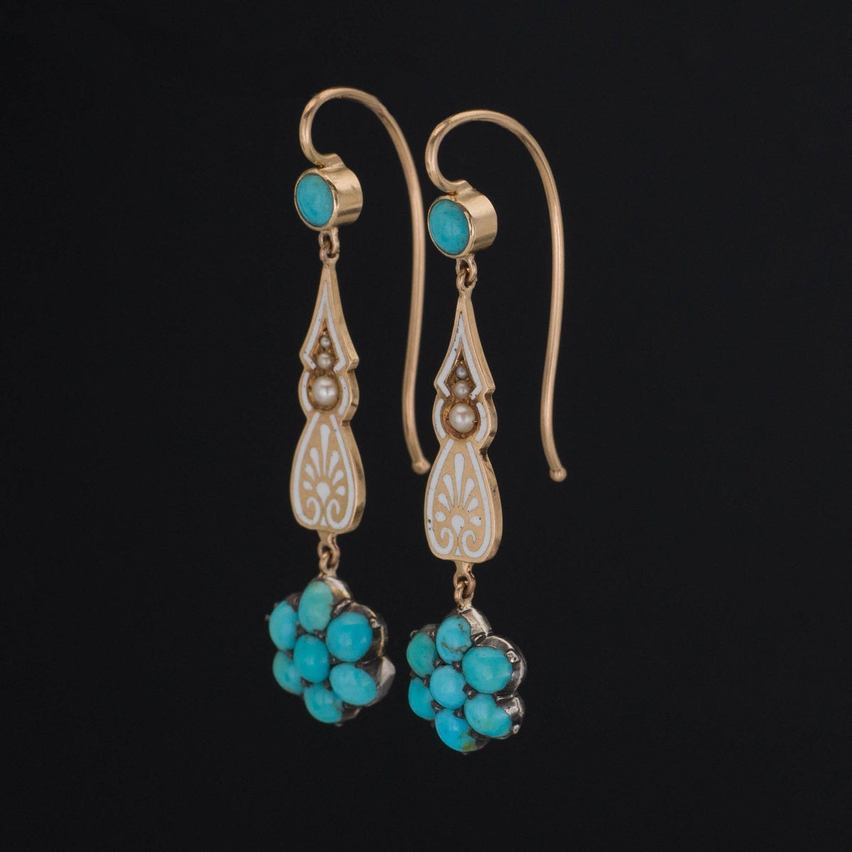 Turquoise Enamel &amp; Pearl Earrings | 14k Gold Earrings - Trademark Antiques
