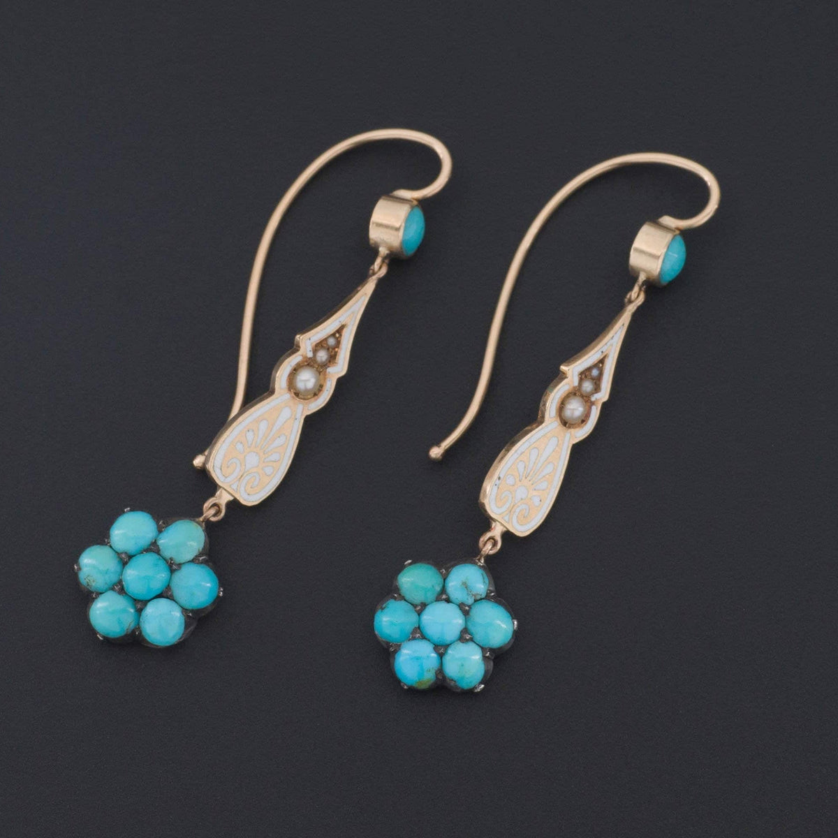 Turquoise Enamel &amp; Pearl Earrings | 14k Gold Earrings - Trademark Antiques
