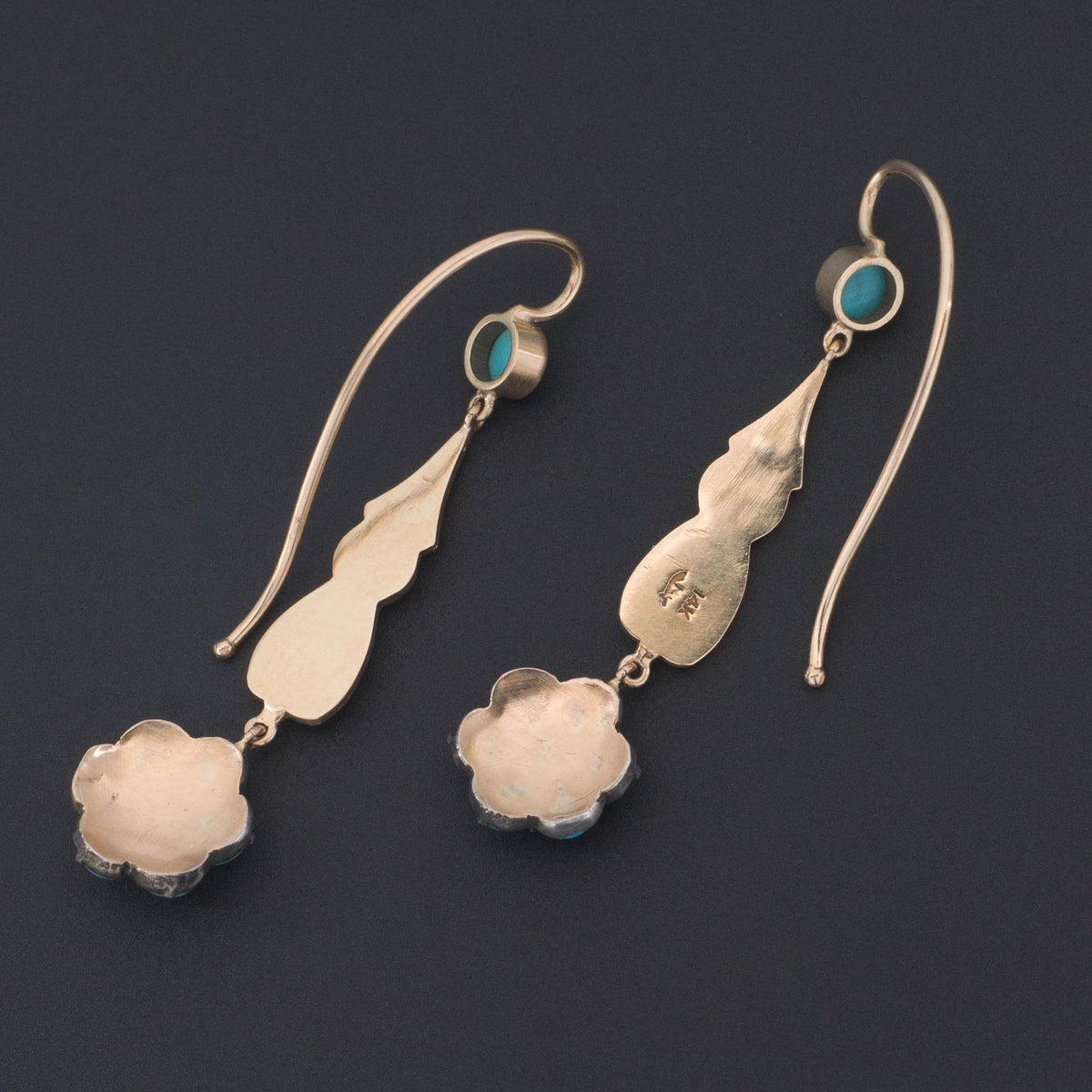 Turquoise Enamel &amp; Pearl Earrings | 14k Gold Earrings - Trademark Antiques