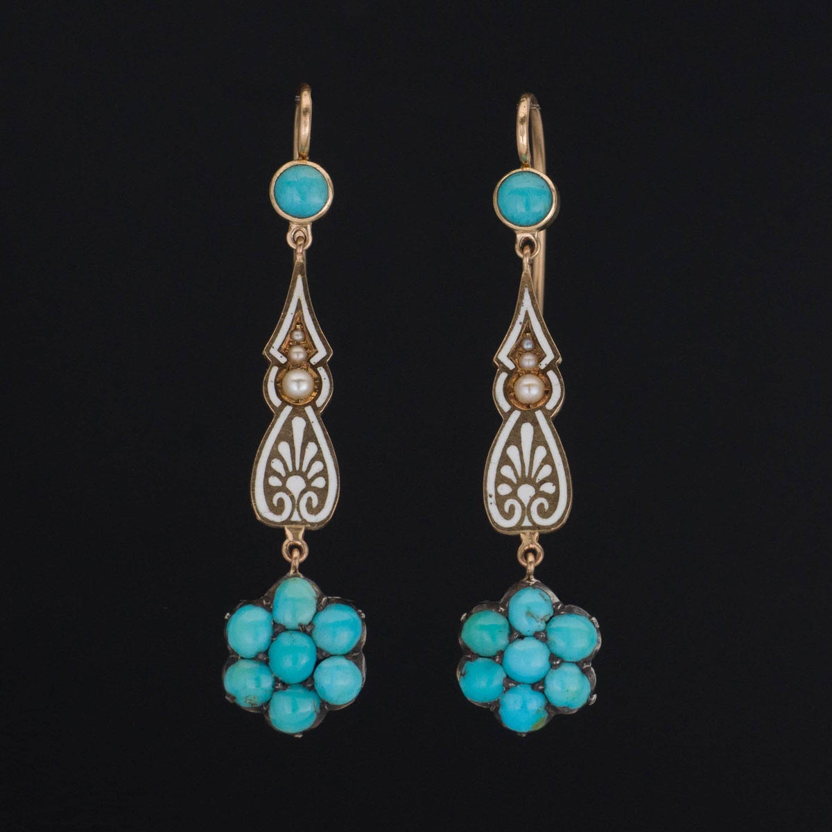Turquoise Enamel &amp; Pearl Earrings | 14k Gold Earrings - Trademark Antiques