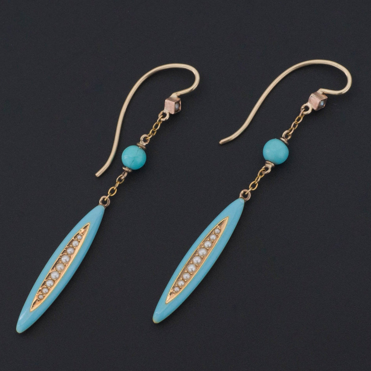 Turquoise Enamel &amp; Pearl Earrings | 14k Gold Earrings - Trademark Antiques