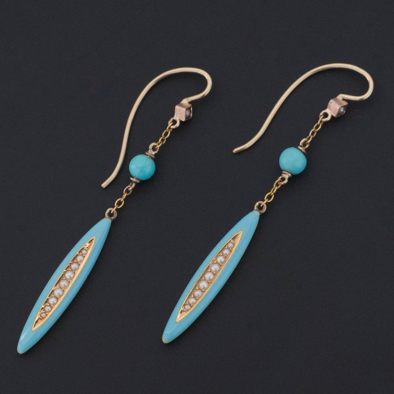 Turquoise Enamel & Pearl Earrings | 14k Gold Earrings - Trademark Antiques