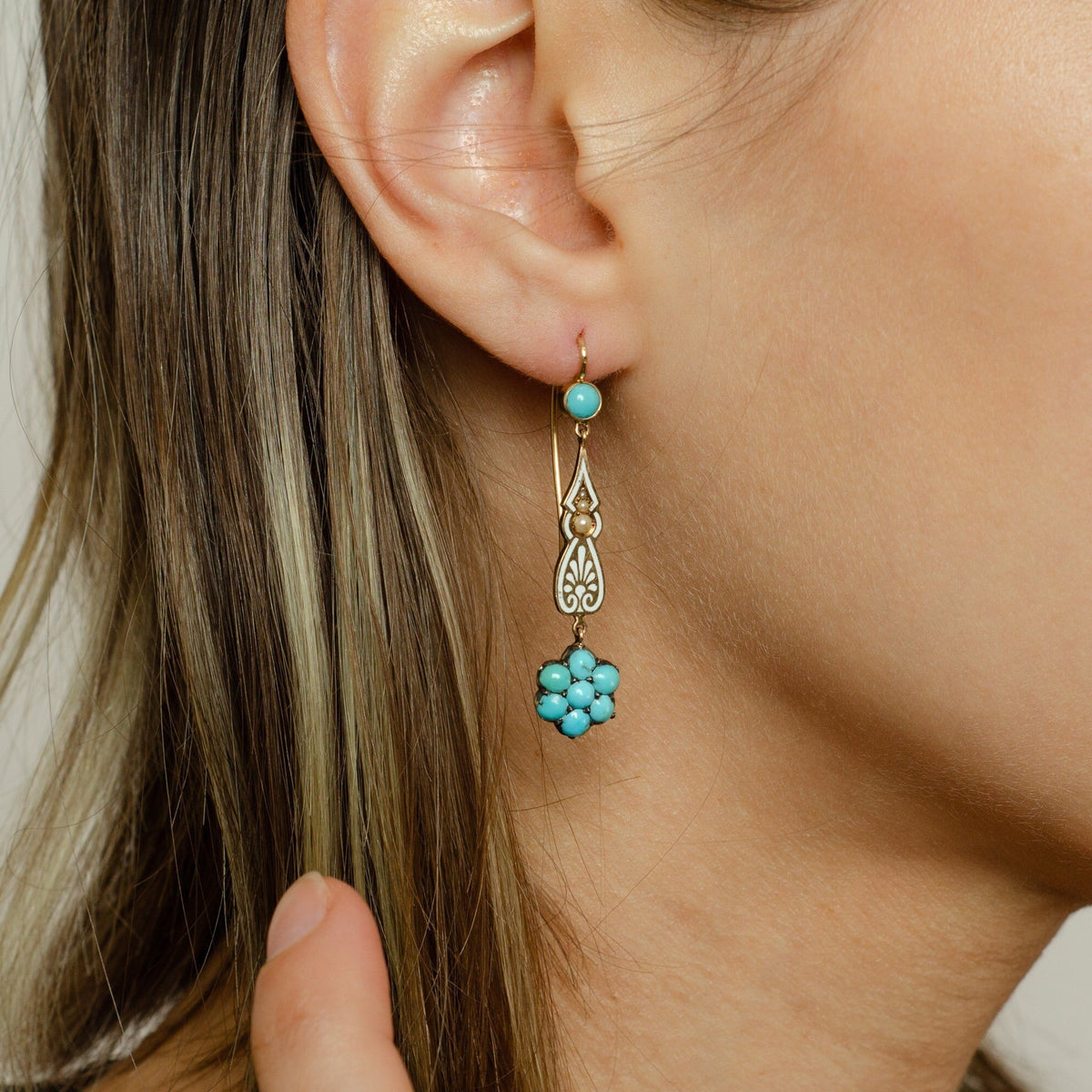 Turquoise Enamel &amp; Pearl Earrings | 14k Gold Earrings - Trademark Antiques