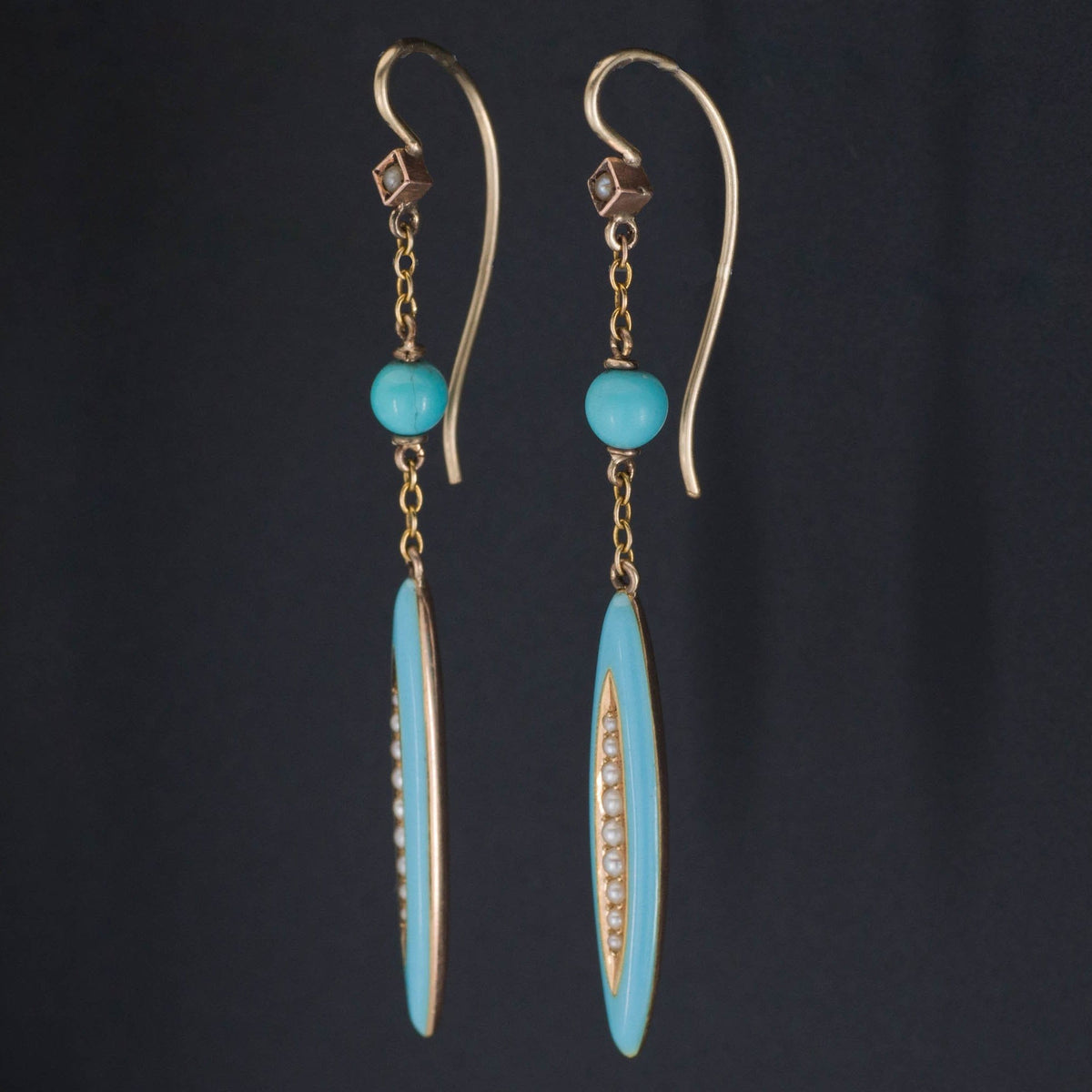 Turquoise Enamel &amp; Pearl Earrings | 14k Gold Earrings - Trademark Antiques