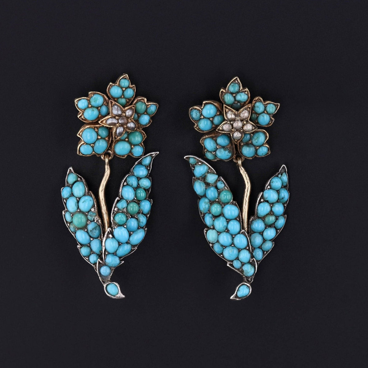 Turquoise Flower Earrings | Silver, 14k Gold, Turquoise &amp; Pearl Earrings - Trademark Antiques