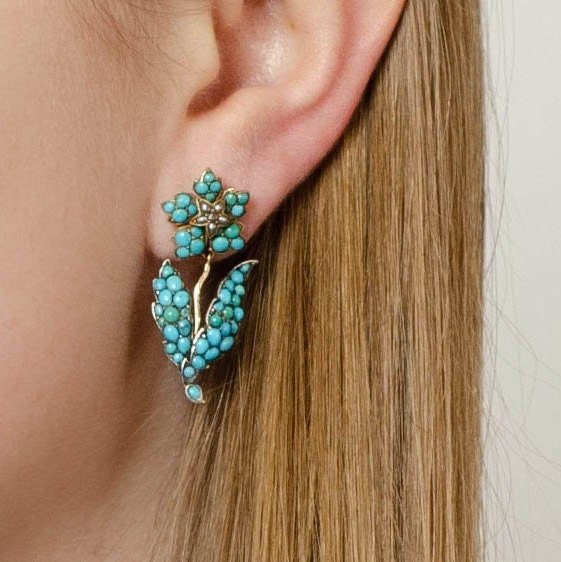 Turquoise Flower Earrings | Silver, 14k Gold, Turquoise &amp; Pearl Earrings - Trademark Antiques