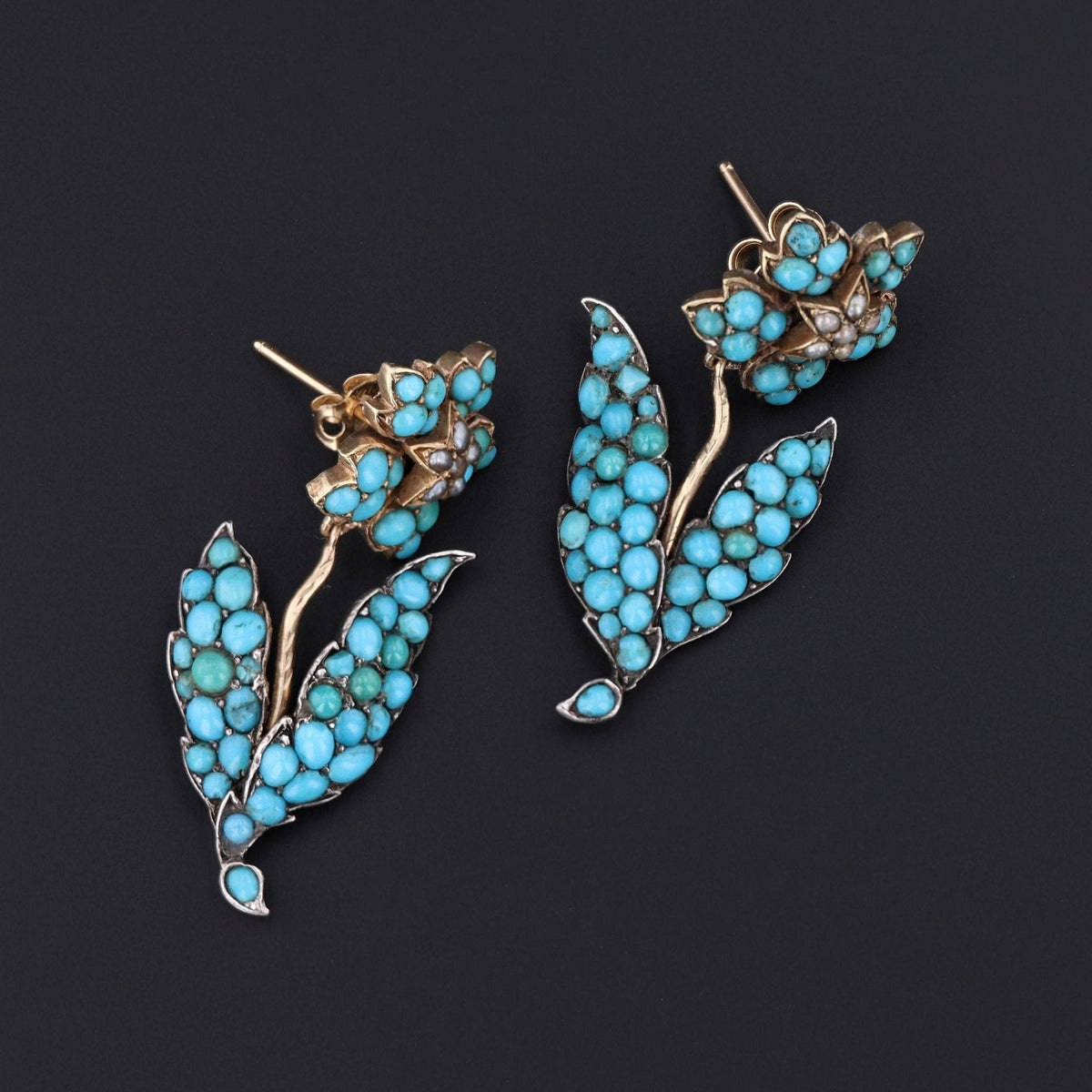 Turquoise Flower Earrings | Silver, 14k Gold, Turquoise &amp; Pearl Earrings - Trademark Antiques