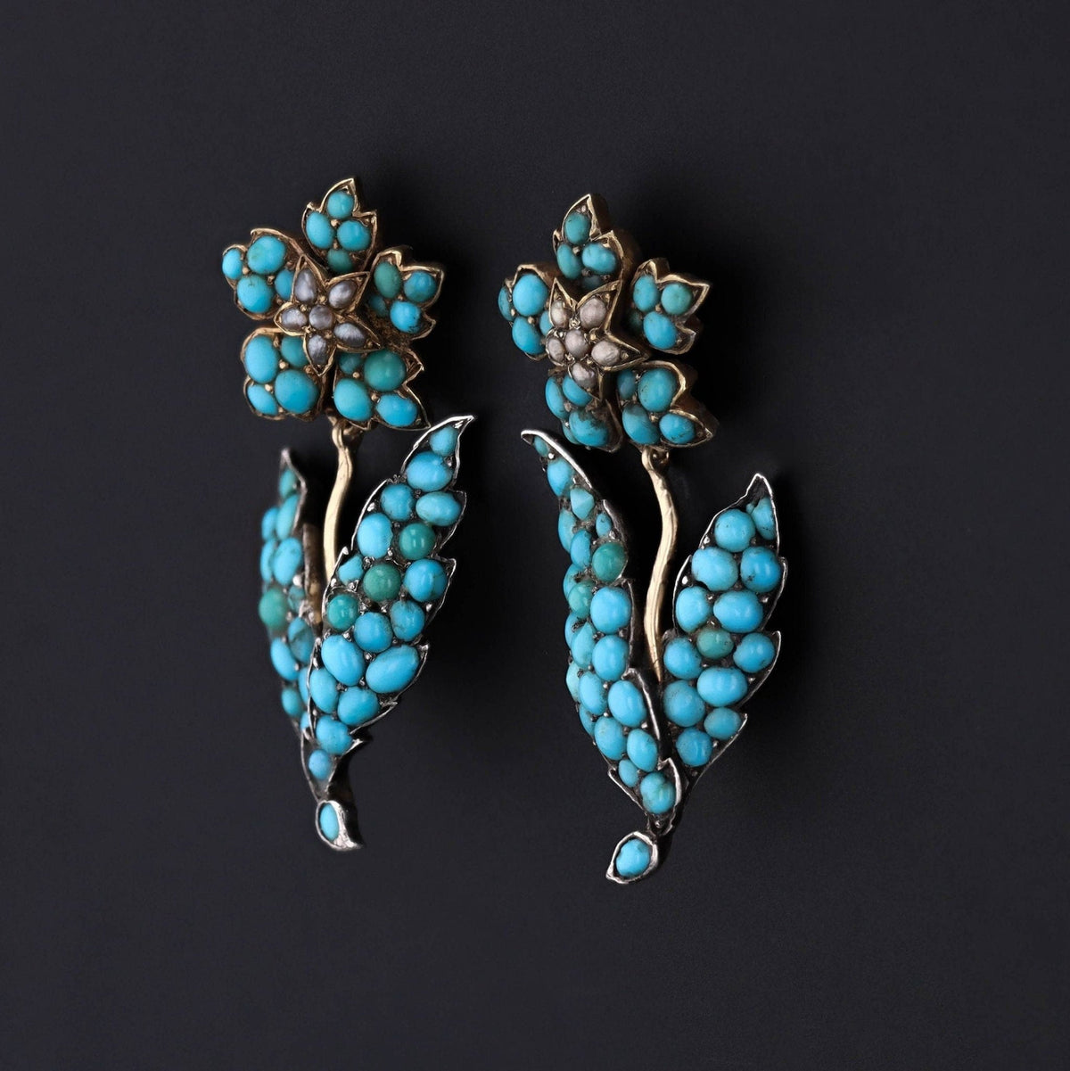 Turquoise Flower Earrings | Silver, 14k Gold, Turquoise &amp; Pearl Earrings - Trademark Antiques