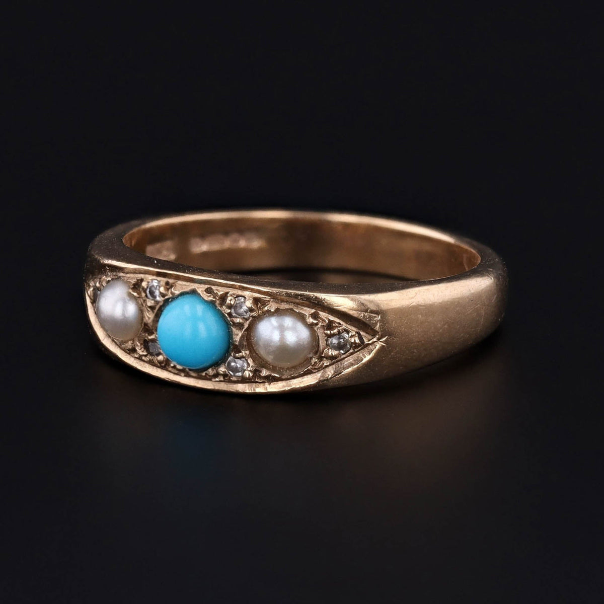 Turquoise Pearl and Diamond Ring of 9ct Gold - Trademark Antiques