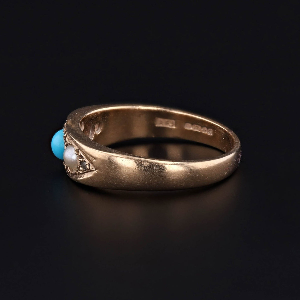 Turquoise Pearl and Diamond Ring of 9ct Gold - Trademark Antiques