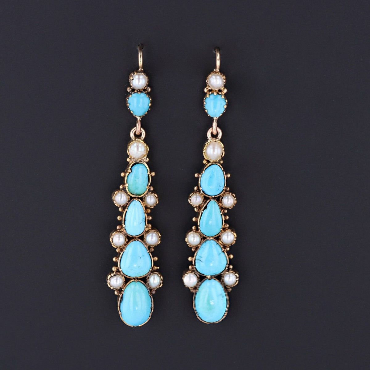 Turquoise &amp; Pearl Earrings | 14k Gold Earrings - Trademark Antiques