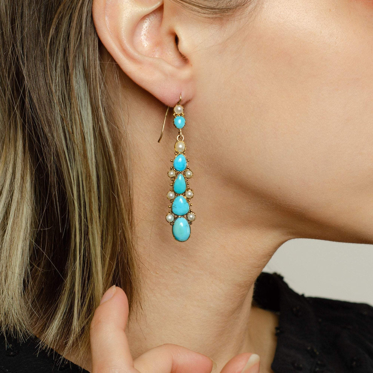 Turquoise &amp; Pearl Earrings | 14k Gold Earrings - Trademark Antiques