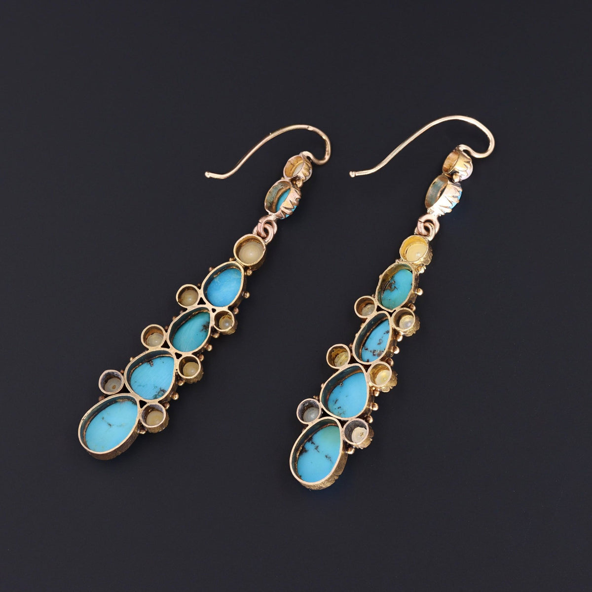 Turquoise &amp; Pearl Earrings | 14k Gold Earrings - Trademark Antiques