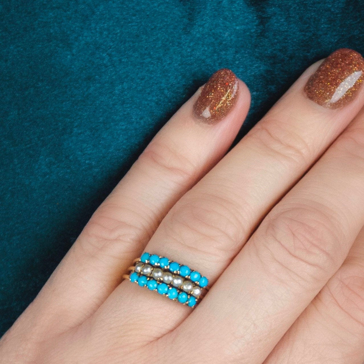 Turquoise &amp; Pearl Harem Ring | 14k Gold Ring - Trademark Antiques
