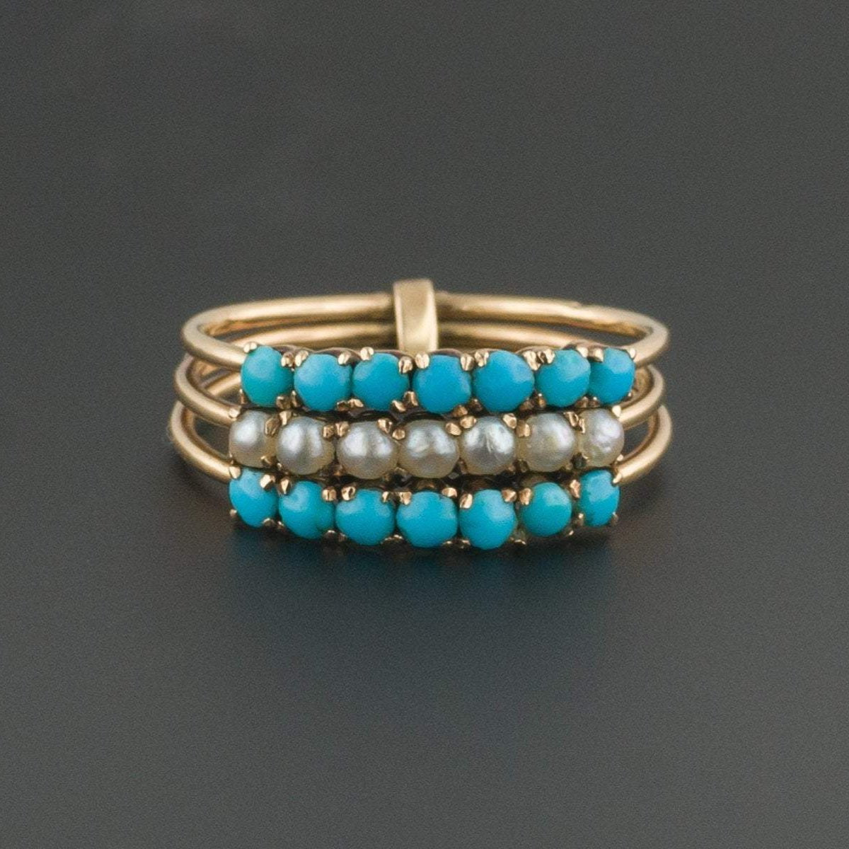 Turquoise &amp; Pearl Harem Ring | 14k Gold Ring - Trademark Antiques