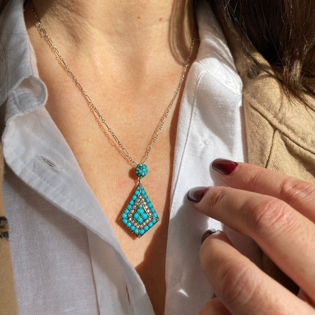 Turquoise Pendant | Antique Turquoise &amp; Pearl Pendant - Trademark Antiques