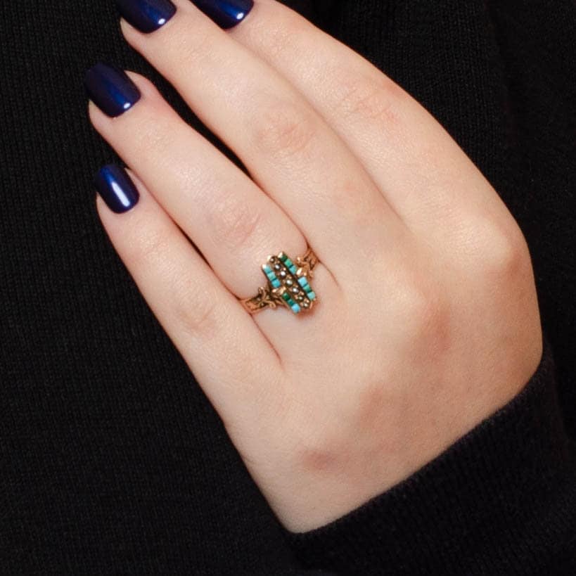 Turquoise Ring | 10k Gold, Turquoise &amp; Pearl Ring - Trademark Antiques